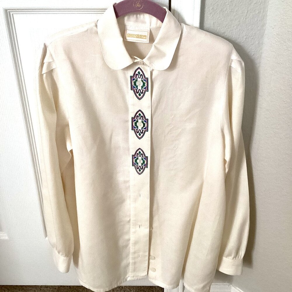 Retro Vintage Cream Blouse with Southwest Embroidered Motif, Long Sleeve